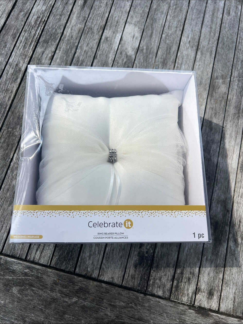 Celebrate It Ivory Satin Ring Pillow with Tulle Bow and Rhinestone